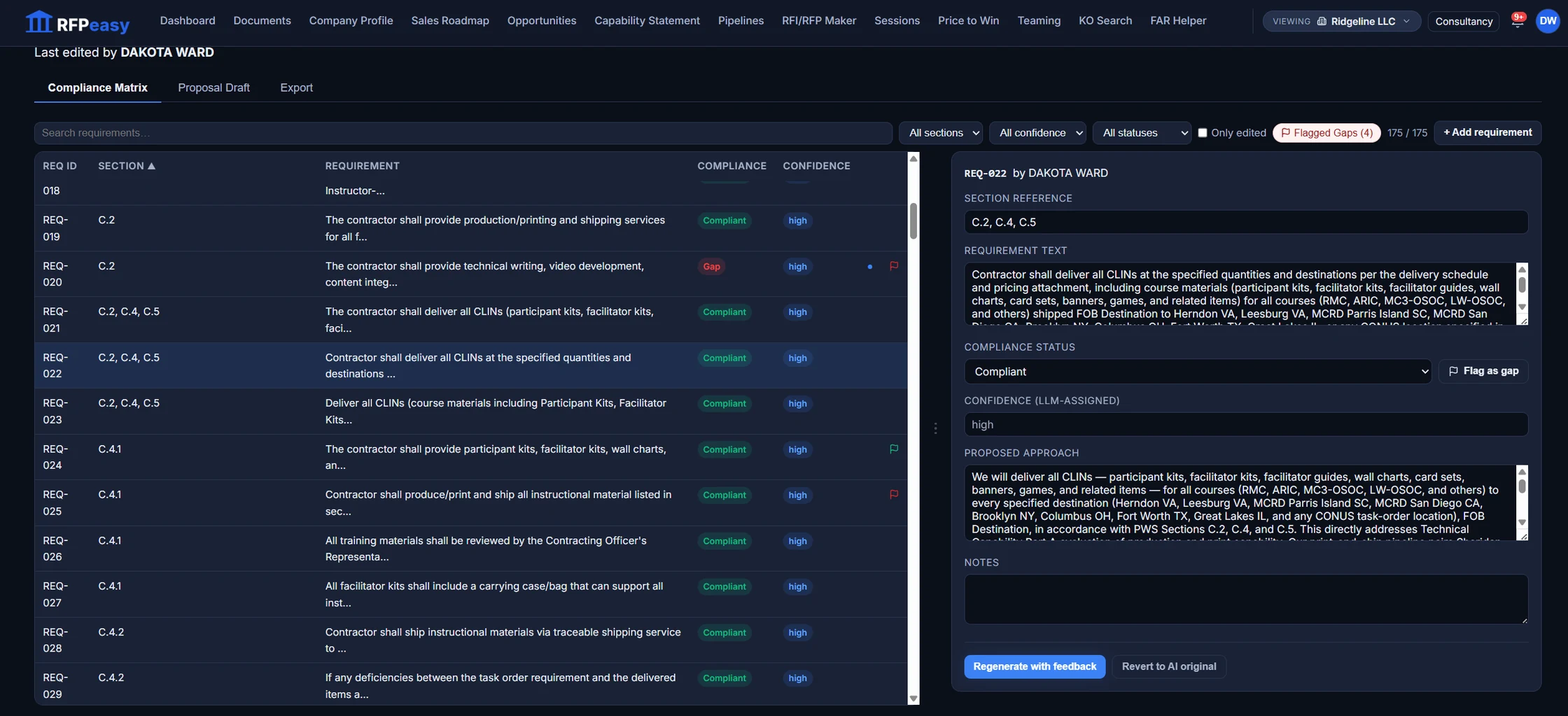 RFPeasy compliance matrix: requirements extracted from a solicitation, each with section reference, compliance status and confidence